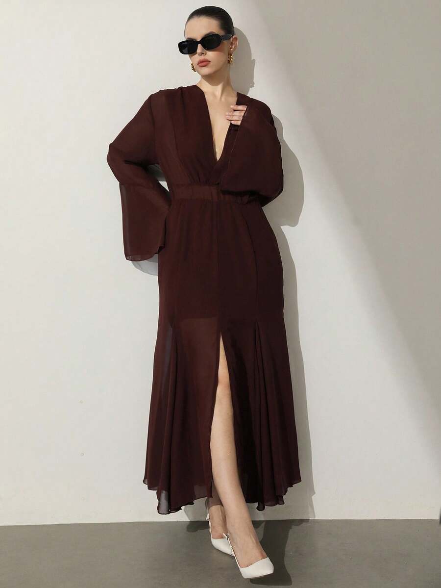 Aveloria Modichic Plus Size Women V-Neck Long Sleeve Dress, European And American Style - Mocha Brown - View 1