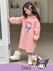 DAZY HELLO KITTY AND FRIENDS | SHEIN 女童卡通图案针织连帽抓绒连衣裙，冬季 - 粉色 - 查看 4