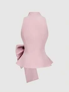 SHEIN X Belle Mariano SHEIN MOD 女士休闲V领蝴蝶结吊带上衣，粉色雪纺蝴蝶结上衣，适合婚礼派对，优雅无袖，柔软轻盈面料，裹身V领设计，芭蕾舞风格，低调奢华，浪漫聚会，婚礼宾客上衣，时尚夏季派对服饰 - 淺粉色 - 查看 2