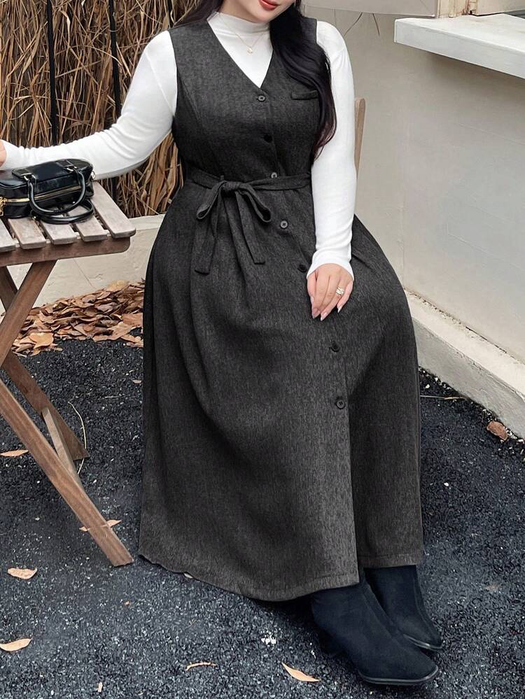Dazy Plus Plus Size Solid Color Single-Breasted V-Neck Tie-Waist Sleeveless Dress, Elegant Academic Style, Spring/Autumn Maxi Dress