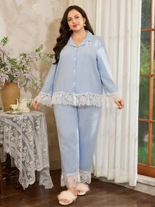 Côtesoire Bộ đồ ngủ tay dài phối ren nhiều màu thanh lịch cỡ lớn kèm quần dài, trang phục thu đông - Màu xanh lam - Xem 5