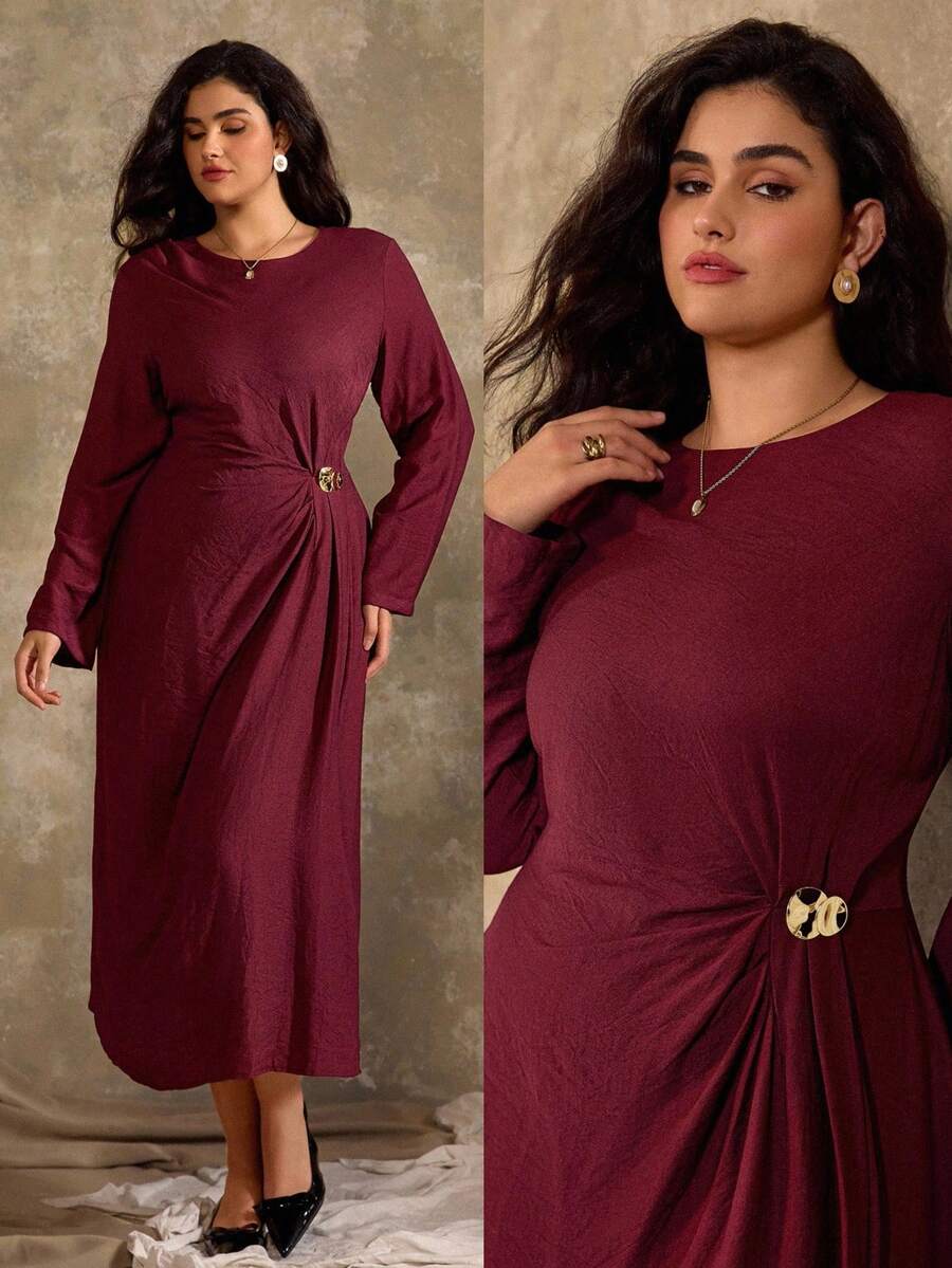 Roveilla Đầm maxi xẻ tà cổ tròn màu trơn thanh lịch tối giản cỡ lớn dành cho nữ, có chi tiết trang trí bằng kim loại, phù hợp mặc nơi công sở, thường ngày, đi nghỉ, tiệc tùng, xuân/hè - Màu Tím - Xem 1