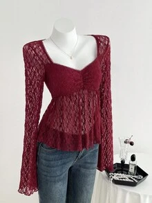 SHEIN Unity Women's Shirt,Burgundy,Summer,Elegant,Dinner Date,V-Neck,Bustier Design,Pleated Chest,Floral Collar Inset,Fitted Silhouette,Flared Cuffs,Long Sleeve - Hot Pink - View 3