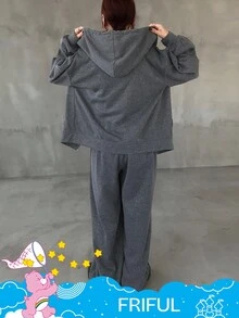 SHEIN X Care Bears FRIFUL 女士秋季水钻印花落肩宽松保暖连帽拉链衫和阔腿裤两件套家居服套装