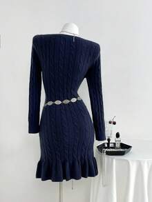SHEIN Unity Women's Navy Blue Elegant Everyday Ribbed Knit Sweater Dress,Vintage Round Neck Button Front Long Sleeve Embroidered Bodycon Ruffle Hem Autumn Cloth - Royal Blue - View 2