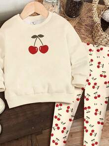 SHEIN 2 件套年轻女孩可爱樱桃印花运动衫和紧身裤套装，时尚休闲装，适合秋冬季秋季服装 - 彩色 - 查看 4
