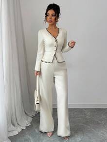 Elenzga Conjunto de dos piezas de blazer de punto con cuello en V elegante, decoración de botones y mangas largas, con ribete de contraste, adecuado para ir a la oficina, fiestas, eventos festivos como Navidad, Halloween, uso casual y elegante en la oficina, citas