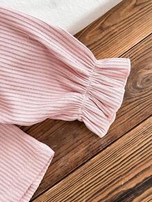 SHEIN Set de 2 bucăți pentru fete, casual, culoare solidă, contrastant, bluză cu mânecă lungă și pantaloni, pijamale pentru casă - Roz - Vizualizare 5