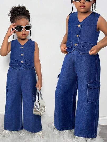 年轻女孩纯色V领无袖时尚上衣和工装长裤牛仔套装