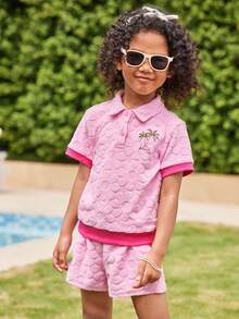 Joliand Joliand 2 Stücke Set für Kleine Mädchen, eleganter City-Stil, süße Urlaubs-Palmenstickerei, rosa kurzärmliges Poloshirt und Shorts, geeignet für Treffen, Reisen, Partys, Sommer. 2 Stücke Kinderkleidungsset für Kleine Jungen für den Sommer. Sommerkleidungsset für Kinder. Outfit-Sets für Kinder im Sommer. Sommerkleidung für Kinder. - Pink - Übersicht 4