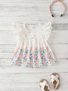 Joliand Joliand 1 件年轻女孩优雅都市可爱粉色花卉白色圆领荷叶边针织 T 恤，适合日常休闲、郊游、派对、婚礼、野餐、夏季 - 彩色 - 查看 1