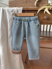 Vintaside Kids Baby Boy's Autumn/Winter Plush Lined Fashionable Versatile Simple Washed Denim Pants, Suitable For Casual Wear At Home, Leisure Outings Or Shopping Fall - Blue - View 4