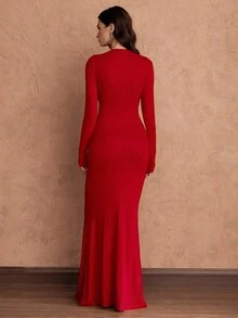 Franclia 红色装饰纽扣腰性感女式连衣裙 - 紅色 - 查看 2