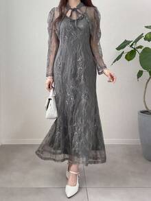 FRIFUL 女士深灰色透明蕾丝面料系腰修身两件套服装，适合节日的商务休闲装