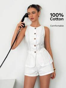SHEIN Tall Conjunto de verano de estilo bohemio para mujer, modelo 2025 - Conjunto de traje de oficina de damas tejido blanco, Conjunto de dos piezas blanco, Mono blanco para mujer, Monos y petos blancos, Mono corto casual, Mono de lino para otoño/invierno