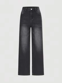 SHEIN Sparklyn 复古学院风街头时尚宽松松紧腰猫须五口袋阔腿牛仔裤，适合少女穿着，百搭时尚，全年必备牛仔单品 - 黑色 - 查看 1