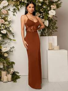 SHEIN Belle 女士纯色撞色蕾丝侧开衩下摆优雅吊带连衣裙，情人节必备 - 棕色 - 查看 7