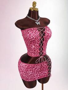 Amplova Bộ 2 món áo bandeau và chân váy mini họa tiết da báo thời trang gợi cảm dành cho nữ, mùa hè - Nhiều màu - Xem 8