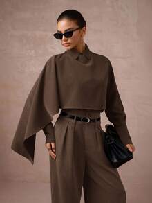 Lumalex 秋冬款女士高腰收腰中长款西装外套（披肩袖）2 件套 - 咖啡棕 - 查看 3