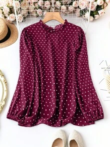 Plus Size Women Frill Trim Round Neck All-Over Print Lantern Sleeve Fashionable Blouse - Burgundy - View 1