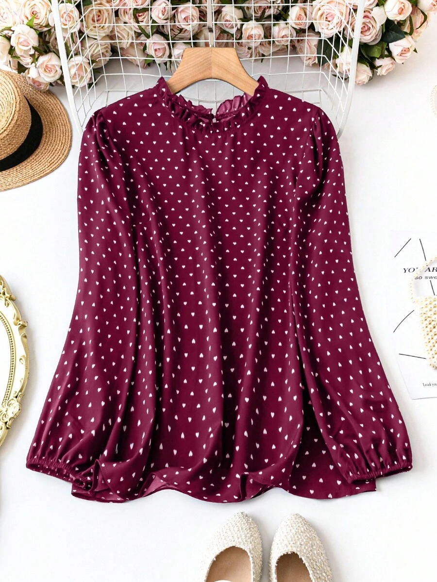 Plus Size Women Frill Trim Round Neck All-Over Print Lantern Sleeve Fashionable Blouse - Burgundy - View 1