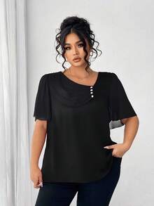 Elenzga Plus Size Asymmetrical Ruffle Collar Button Decor Short Sleeve Elegant Blouse - Black - View 5