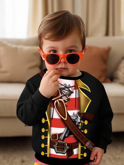 SHEIN Baby Boy Pirate Captain Costume Sweatshirt - Halloween Crew Neck Sweatshirt With Stripes & Gold Details | Baby Boy Fall Winter