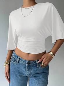 Aloruh Casual Solid Color Batwing Sleeve Cropped T-Shirt, Summer,White Shirt - White - View 4