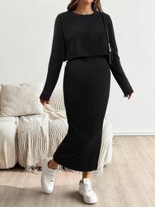 SHEIN 孕妇纯色圆领短袖上衣和裙子两件套 - 黑色 - 查看 4