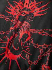 ROMWE MEN Anime 男式深色链条恶魔印花 Polo 领长袖休闲 T 恤 - 黑色 - 查看 4