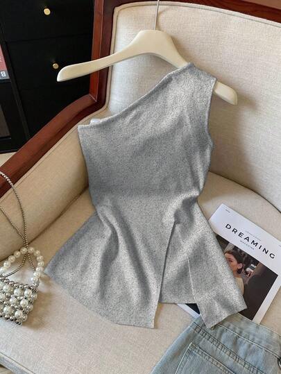 GlowEve 纯色不对称领口开衩优雅时尚吊带背心