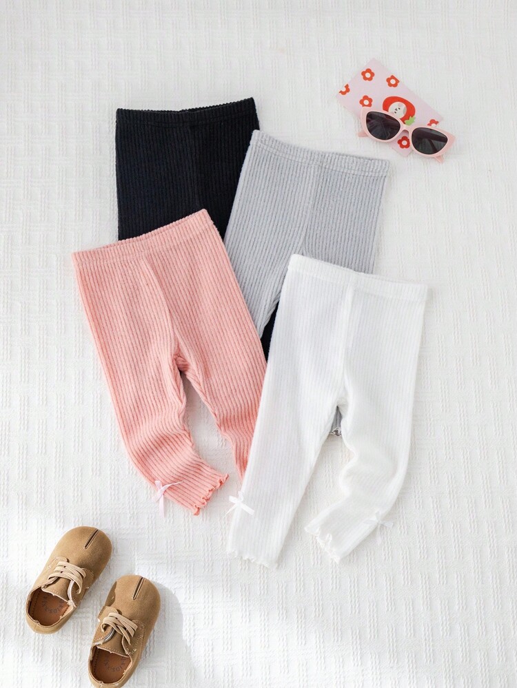 Cozy Pixies 4 件套女婴紧身裤，3D 蝴蝶结装饰，幼儿紧身裤，舒适百搭，适合室内、室外、日常穿着、运动、派对、摄影、圣诞节、秋冬，厚罗纹 - 彩色 - 查看 2