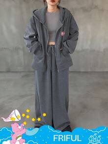 SHEIN X Care Bears FRIFUL 女士秋季水钻印花落肩宽松保暖连帽拉链衫和阔腿裤两件套家居服套装