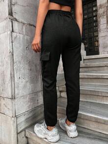SHEIN Cottnline 女士休閒直筒純色褲 - 黑色 - 查看 2