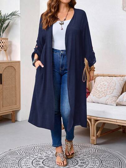 EMERY ROSE Plus Size Women's Solid Color Cuffed Sleeve Casual Long Jacket, Autumn Winter Fall
