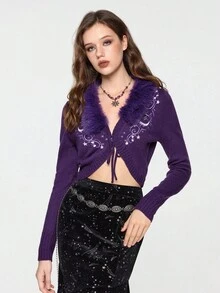 ROMWE Hippie Cárdigan de punto bordado con sol y luna, estilo vintage de bruja de noche misteriosa, con parches de piel de lujo para mujer - Morado - Ver 4