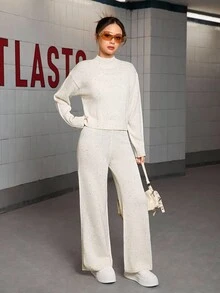 Sparklyn Teen Girl Casual Set: Solid Color Drop Shoulder Long Sleeve Sweater And Knit Pants, Autumn Co-Ord Set Girls Pants And Top Set Flare Pants Sets Teenagers Two Pieces Knit Set Sweater Pants Set Women Co-Ord Set Girls Fall Winter Co Ord Set Girls Women Two Pieces Set Sweatshirt Straight Pants Suit - Beige - View 3