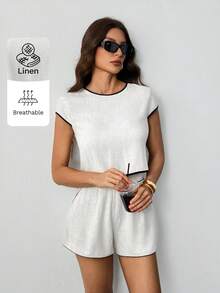 SHEIN Tall Women's Solid Color Contrast Trim Linen 2 Pieces Short Sets,White And Black Summer Chic Vacation Holiday Lounge Outfit,Ladies Layering 2pcs Short Set - Apricot - View 6