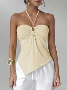 Aloruh 女士纯色休闲不对称下摆系带露背上衣 - 米色 - 查看 1