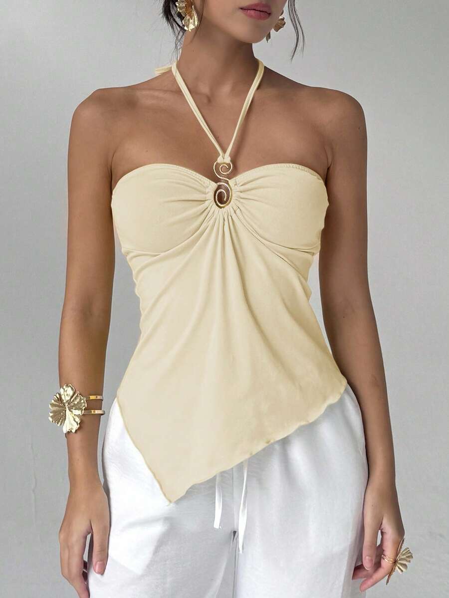 Aloruh 女士纯色休闲不对称下摆系带露背上衣 - 米色 - 查看 1