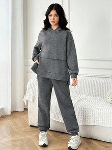 Teen Girl Loose Casual Minimalist Comfortable Hoodie Sweatshirt And Long Pants Set - Grey - View 3