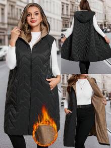 SHEIN Clasi 女士加大码棉质羽绒背心，优雅长款无袖羽绒背心，带口袋，保暖连帽棉质羽绒背心，适合秋冬季节穿着。 - 黑色 - 查看 1