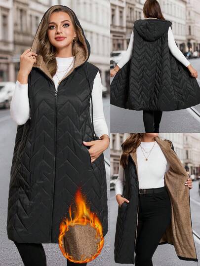 SHEIN Clasi 女士加大码棉质羽绒背心，优雅长款无袖羽绒背心，带口袋，保暖连帽棉质羽绒背心，适合秋冬季节穿着。