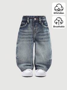 SHEIN 男婴石洗复古做旧水洗猫须宽松蓝色牛仔裤，适合男婴室内/室外秋冬装