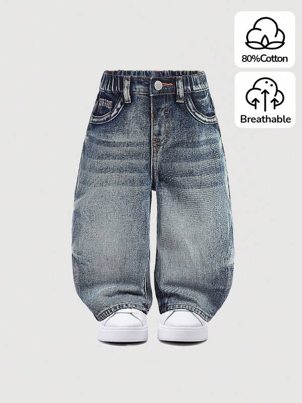 SHEIN Baby/Toddler Boys Vinatge Urban Street Style Stonewashed Loose Fit Baggy Jeans,For Baby Fall/Winter Boys Dailywear Costume,Boys Streetwear Outfits,Boys Halloween And Christmas Outfits,Winter Jeans