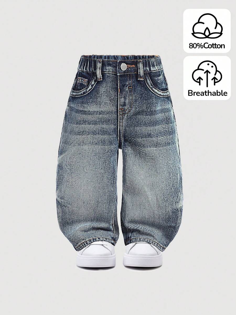 SHEIN 男婴石洗复古做旧水洗猫须宽松蓝色牛仔裤，适合男婴室内/室外秋冬装