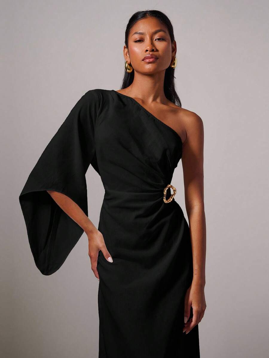 女士优雅金属扣不对称连衣裙 - 黑色 - 查看 1