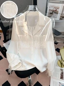 GlowEve 女士纯色翻领长袖单排扣羽毛拼接优雅衬衫 - 白色 - 查看 1