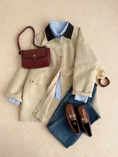 Elaquor 秋季大码休闲拼色领风衣