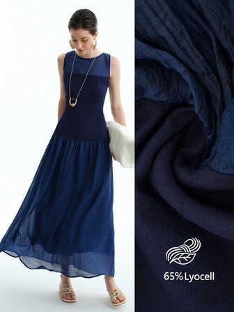 Aalyst 女士优雅轻盈亚麻与天丝混纺无袖中长连衣裙，休闲宽松版型，适合度假、通勤、春夏/秋季